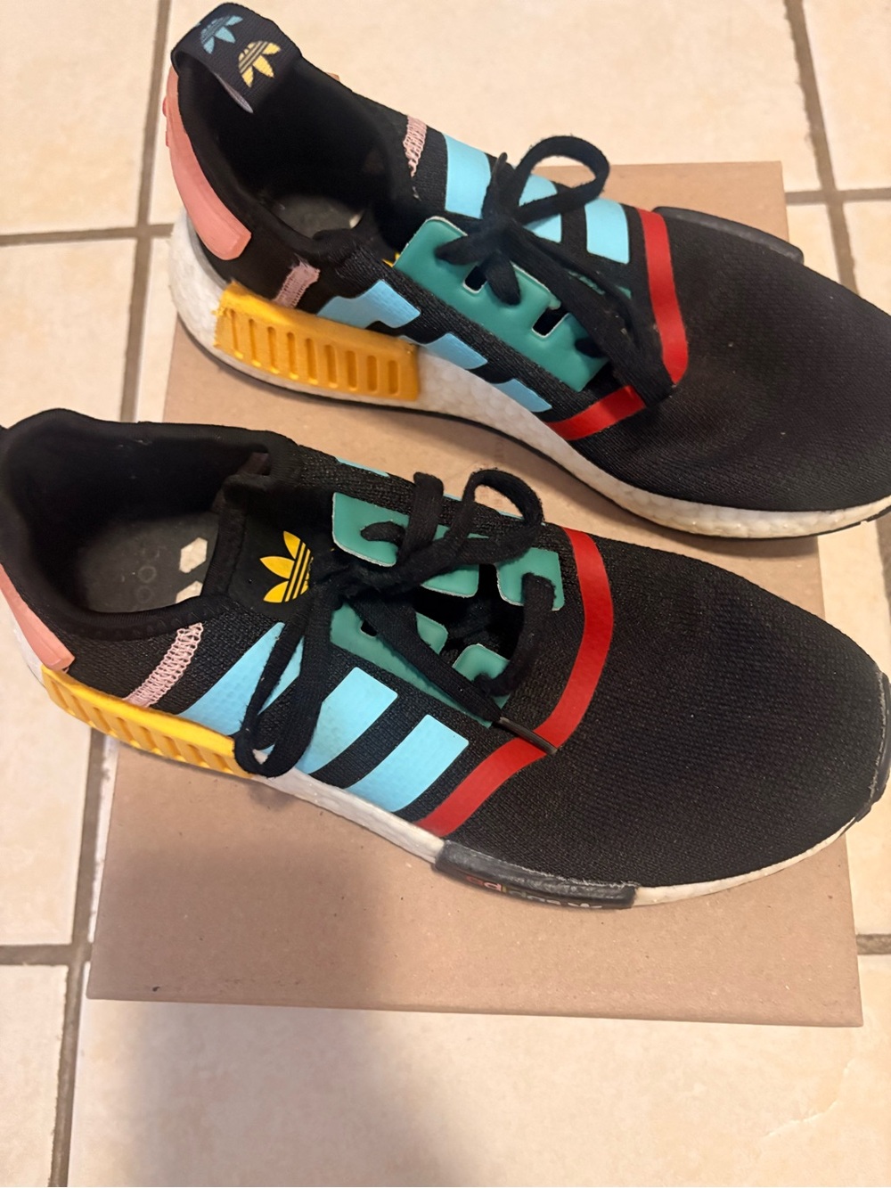 adidas Kids Black Sneakers with Light Blue, Red, Yellow & Pink Accents